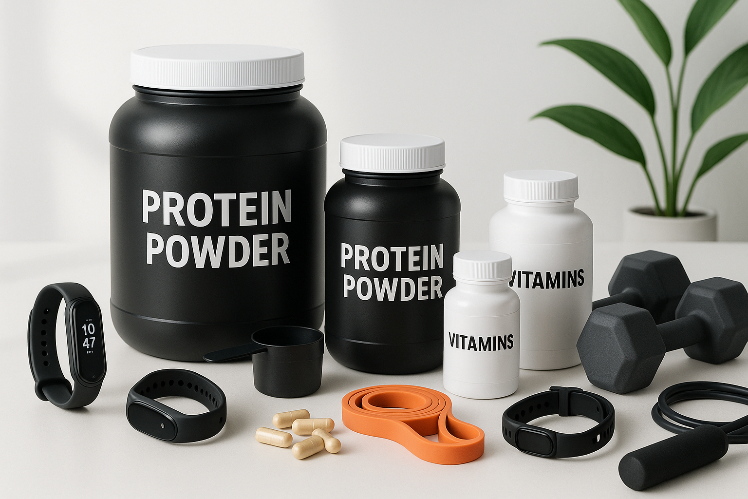 HEALTH SUPPLEMENMTS AND FITNESS GADGETS IN A NICE BAKROUND 